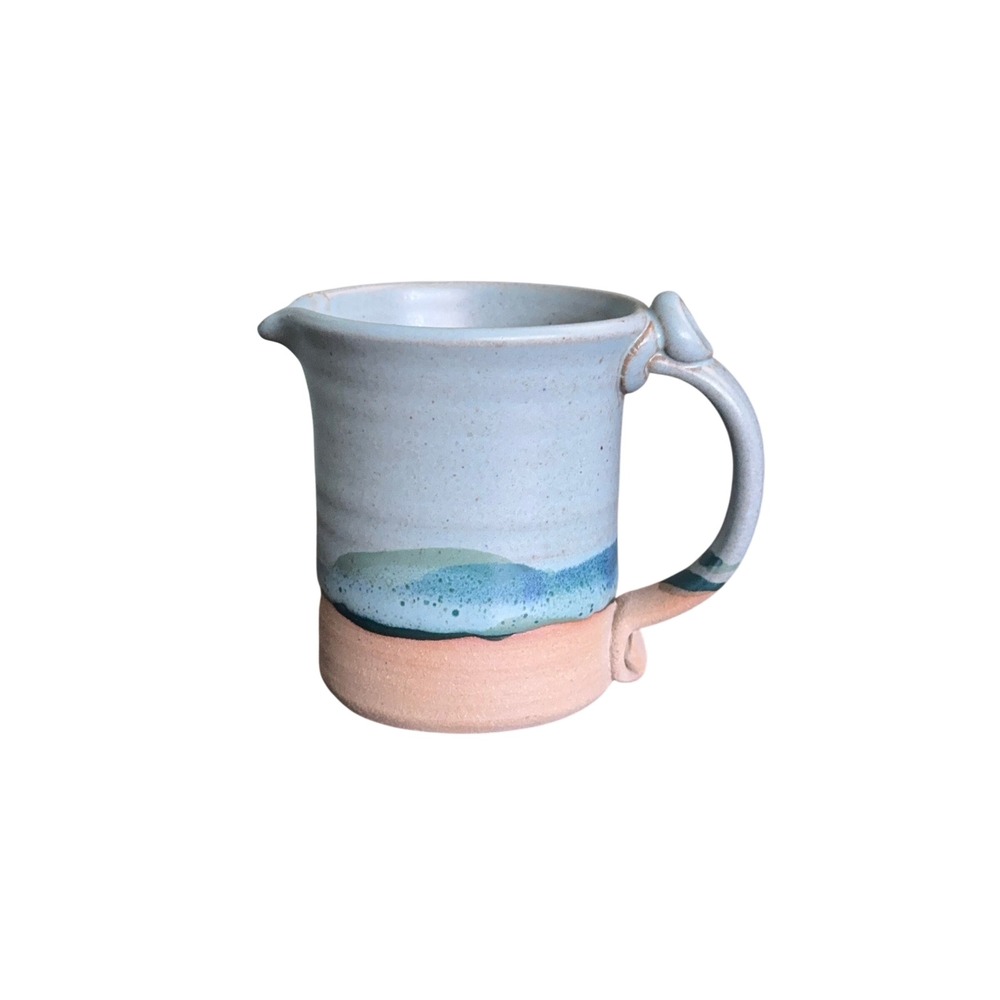 Handmade Studio Pottery Stoneware Pitcher Blue Teal Glaze Landscape Art Pottery
